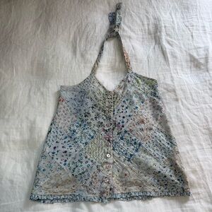 Vintage Y2K Blue Sky Embroidered Quilted Patchwork Floral Halter Top Tank Top
